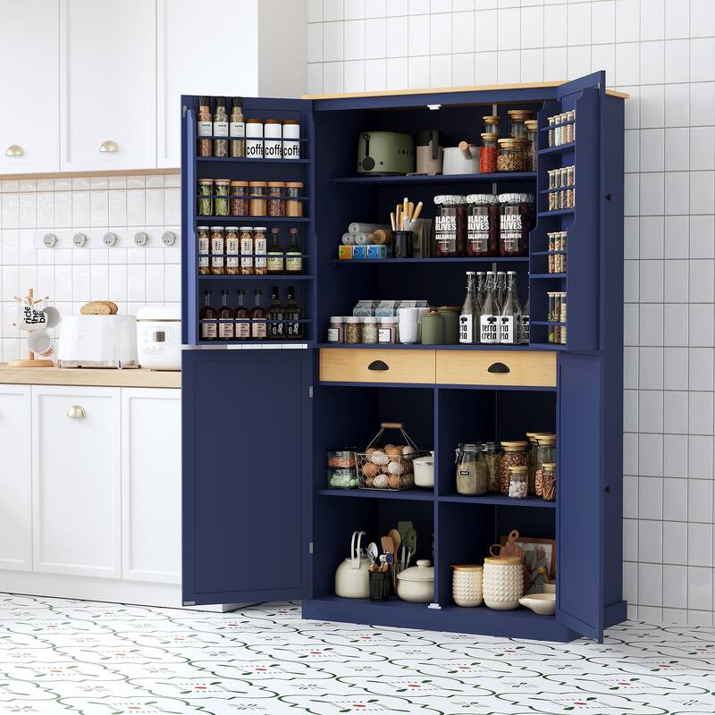 Modern Large Kitchen Pantry Cabinet, Wood Storage Cupboard with 2 Drawers, Adjustable Shelves & 8 Door Storage Shelves - Blue