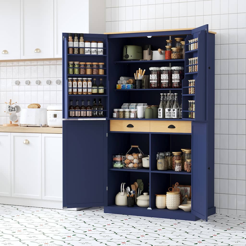 Modern Large Kitchen Pantry Cabinet, Wood Storage Cupboard with 2 Drawers, Adjustable Shelves & 8 Door Storage Shelves