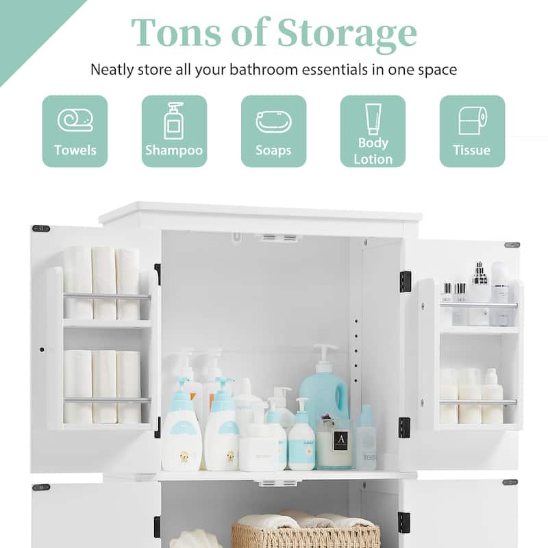 Bathroom Floor Storage Cabinet,with 4 Doors,Adjustable Shelves,Adaptable Shelves - N/A