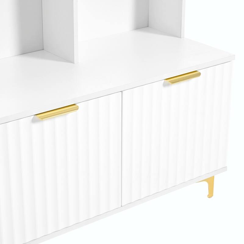 Modern Storage Hall Tree with Bench - Glossy Doors, 6 Gold Hooks