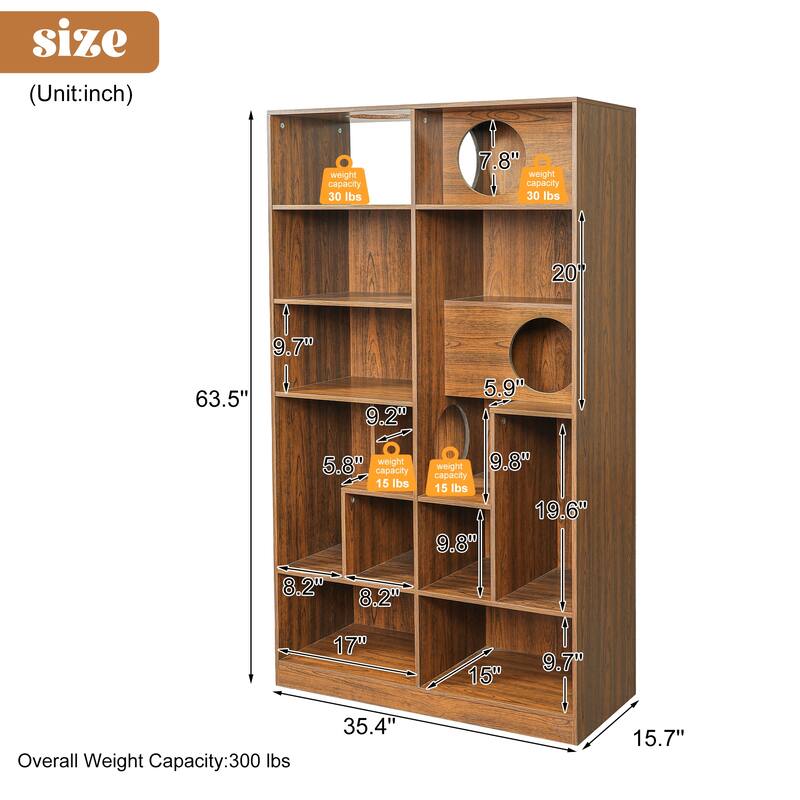 Modern 2-in-1 Cat Tree & Bookshelf - Wood Cat House with Litter Box Enclosure, Display Case & Storage