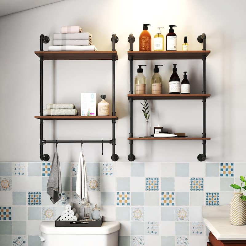 GDFStudio - Sara Industrial Wall-Mounted 3-Tier and 2-Tier Wood & Metal Floating Shelves