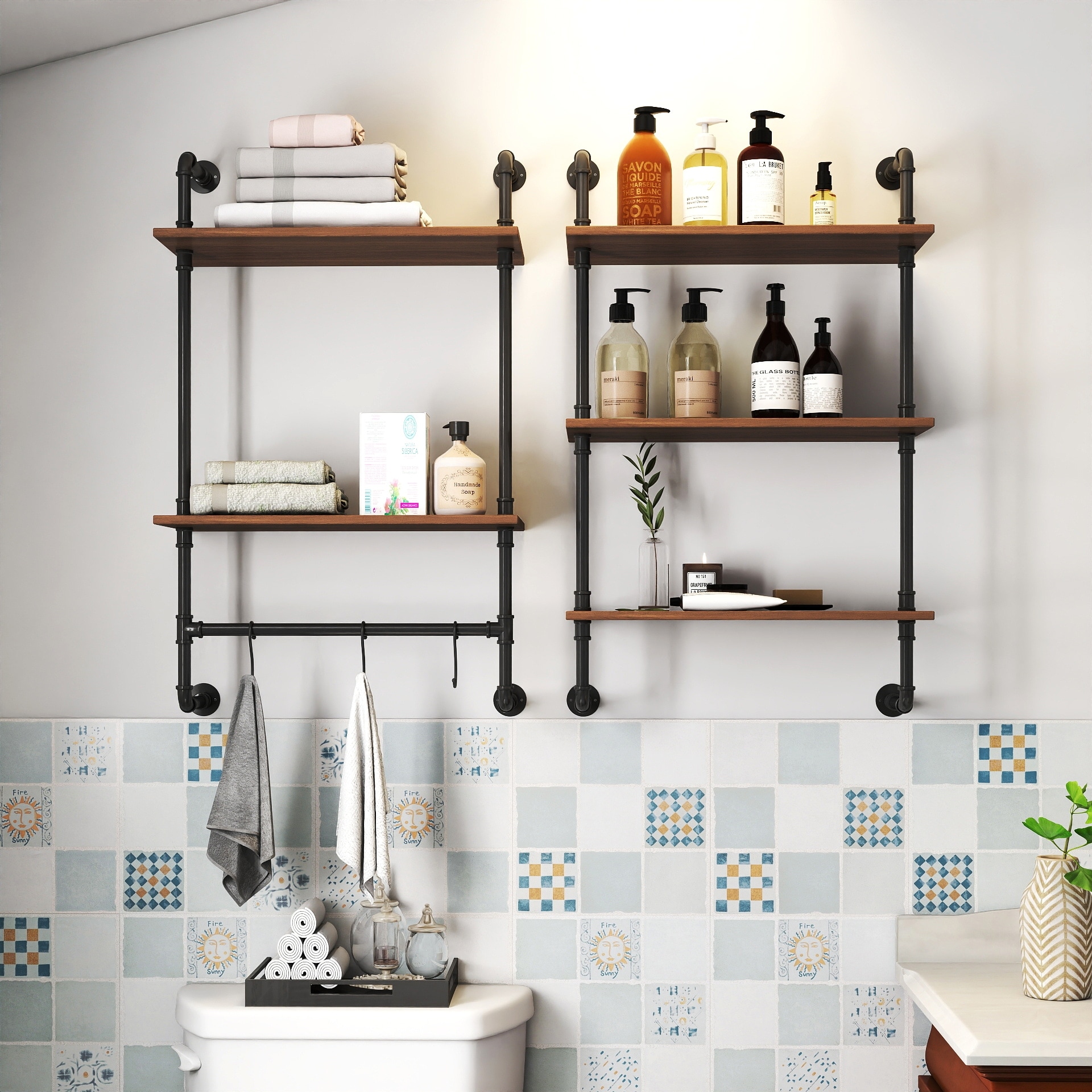 GDFStudio - Sara Industrial Wall-Mounted 3-Tier and 2-Tier Wood & Metal Floating Shelves