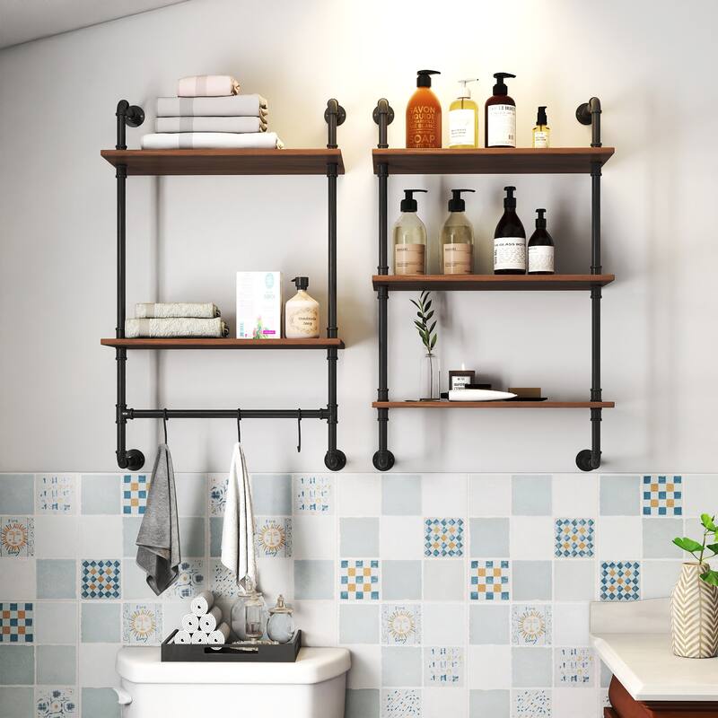 GDFStudio - Sara Industrial Wall-Mounted 3-Tier and 2-Tier Wood & Metal Floating Shelves - Hooks - Walnut