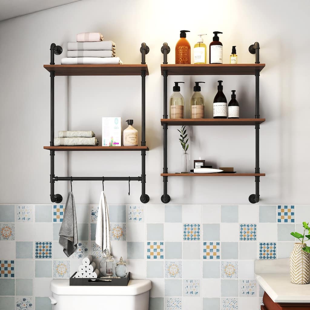 Industrial Pipe Shelf 3 Tier and 2 Tier Shelves 36in Wood Display Shelves, and 3 additional hooks,Farmhouse Kitchen Bar Shelf