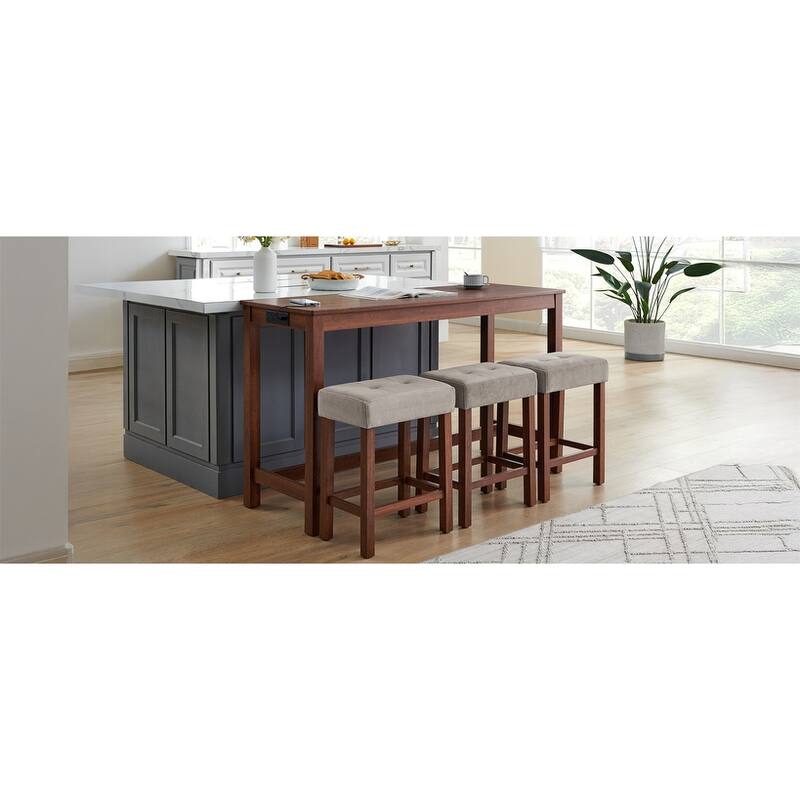 59" Counter Height Bar Table Set with Power Outlet, Industrial Breakfast Table with 3 Stools, 4 Piece Bar Table and Chairs Set