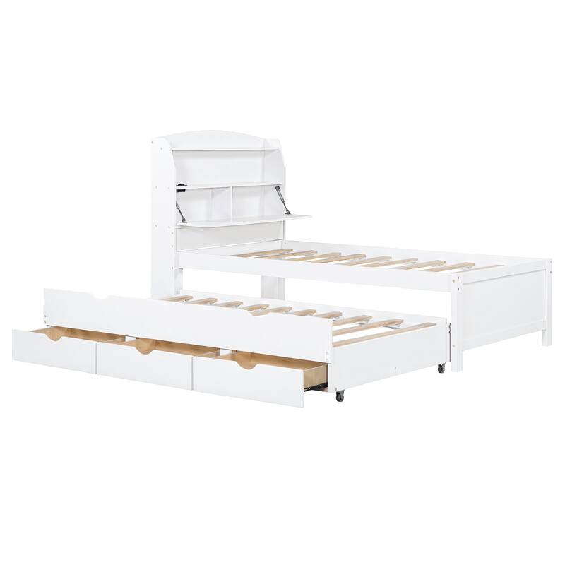Roomfitters Twin Platform Bed with Trundle, LED Headboard Storage, USB Ports and Under-Bed Bins, No Box Spring, White