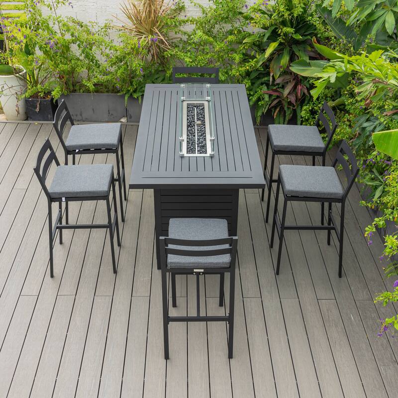 7-Piece Outdoor Patio Bar Height Dining Set in Aluminum with Rectangular Fire Pit Table and 6 Barstool