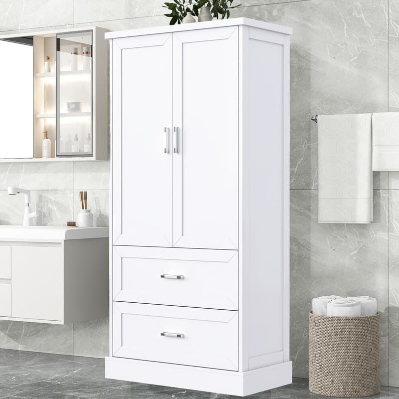 Tall Bathroom Storage Cabinet, Freestanding Floor Cabinet with Two Doors and Drawers, Adjustable Shelf