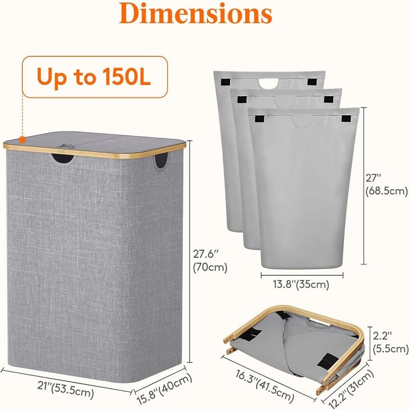 150L Laundry Basket with Lid 3 Section - 21.06"L x 15.75"W x 27.56"H