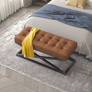 Retro Ottoman Vintage Tech Leather Bed Bench with Cross Metal Base ...