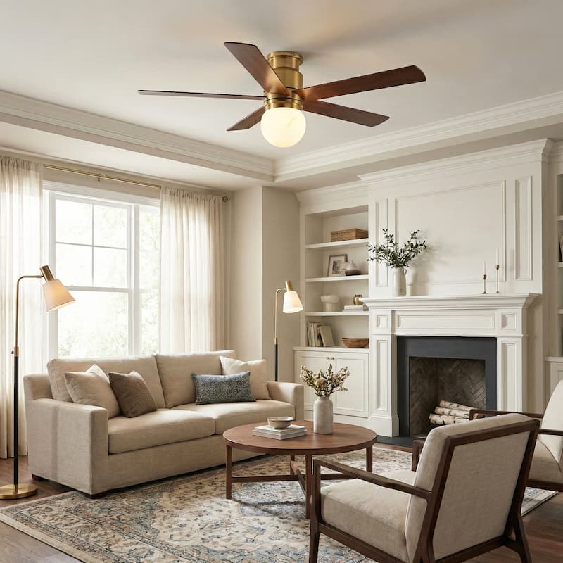 52" Modern Plating Gold Globe Glass Flush Mount Ceiling Fan with Light and Remote