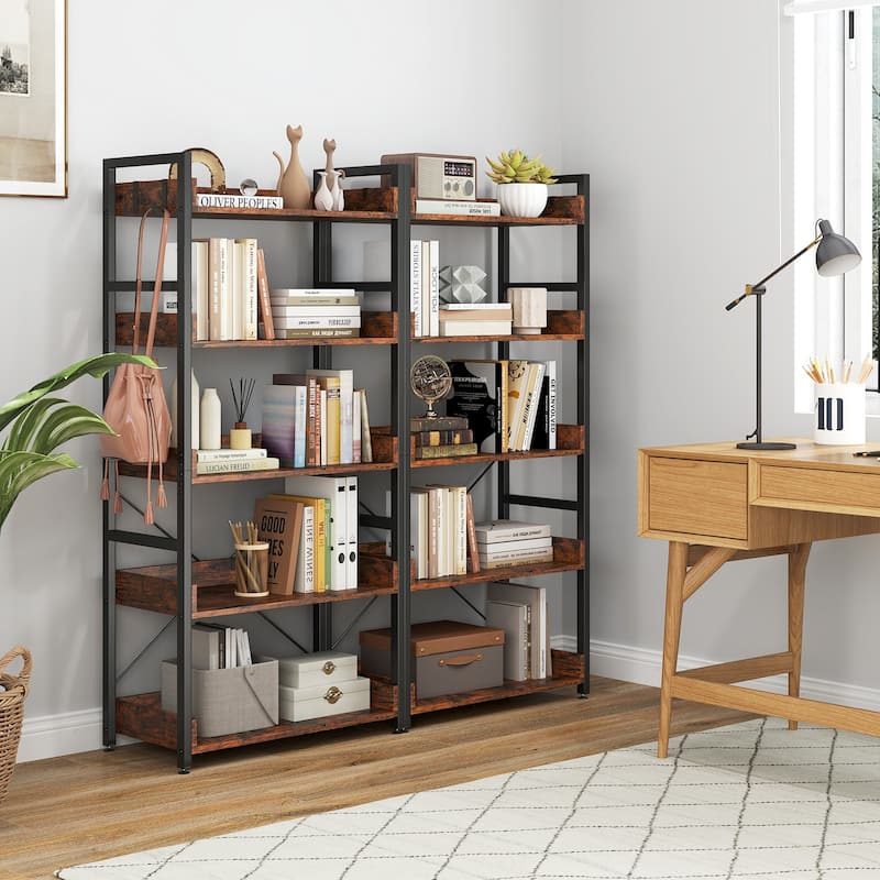 Rustic Brown Metal and Wood 5-Tier Bookshelf with Hooks and Anti-Tip Design - 27" x 13.5" x 57" (L x W x H)
