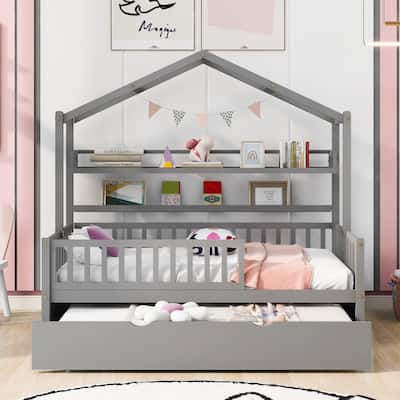 Wooden Playhouse Bed Frame with Trundle Bed and Shelf