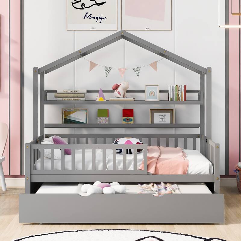Cute Wooden Twin or Full House Bed with Trundle, Kids Bed Wood Platform Bed Frame with Safety Guardrail & Storage Shelf - Gray - Twin