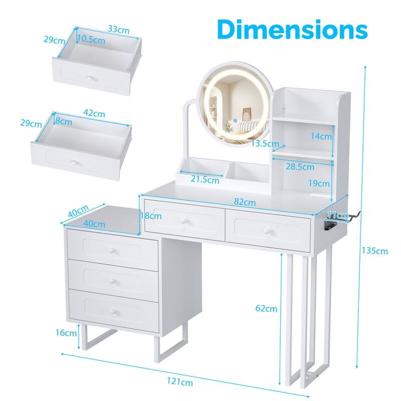 Particle Board Veneered White Bracket, White Iron Feet, 5-drawer 2-compartment 2-tier Rack Dressing Table - N/A