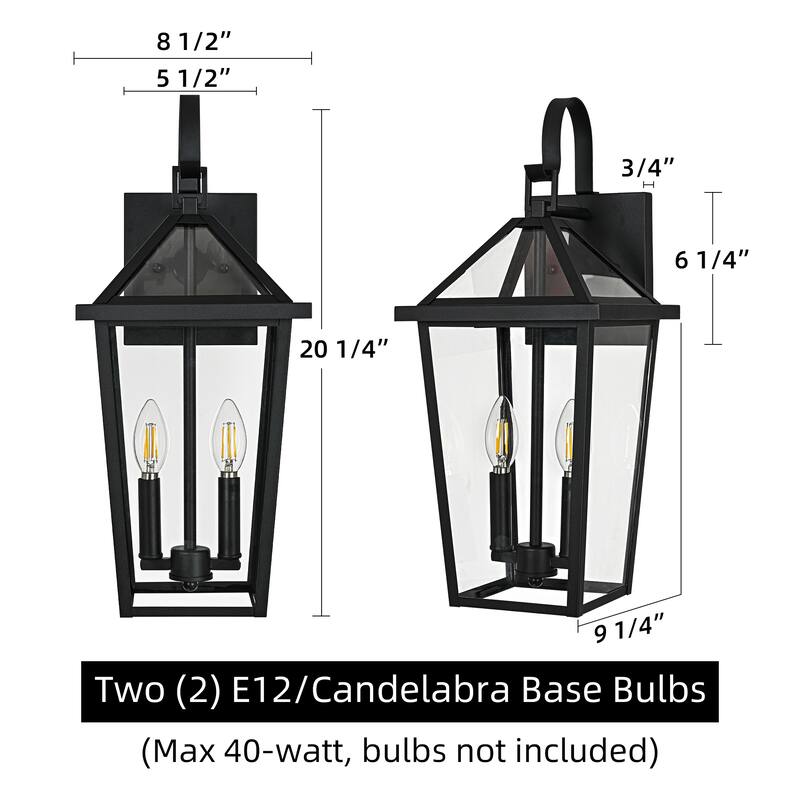 20 in. 2-Light Black Outdoor Hardwired Wall Lantern Sconce with Clear Glass Shade
