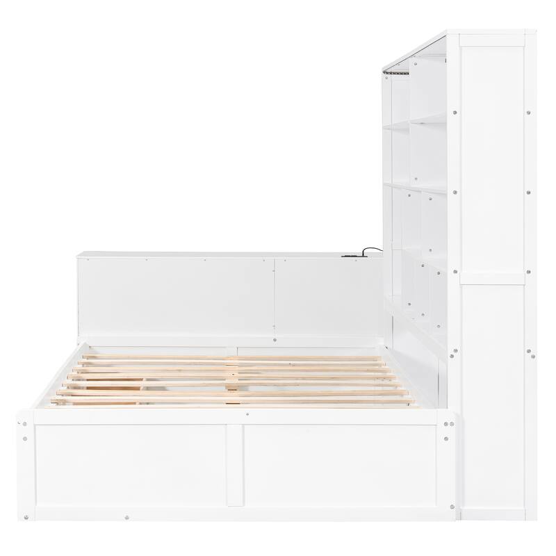 Full Size Wooden Daybed with Built In Desk, Charging Station, Versatile LED Platform Sofa Bed Frame