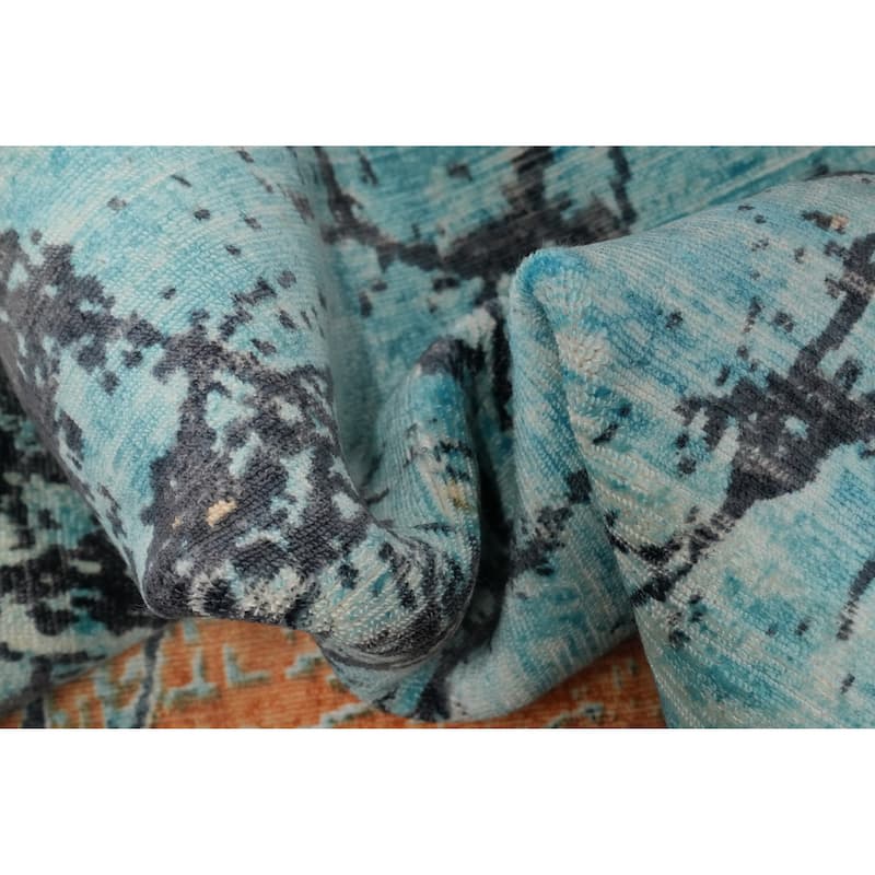 Hand Knotted Oriental Viscose Silk Carpet Modern Pictorial Multi-Colored Abstract Area Rug - 7' 11'' X 5' 0''