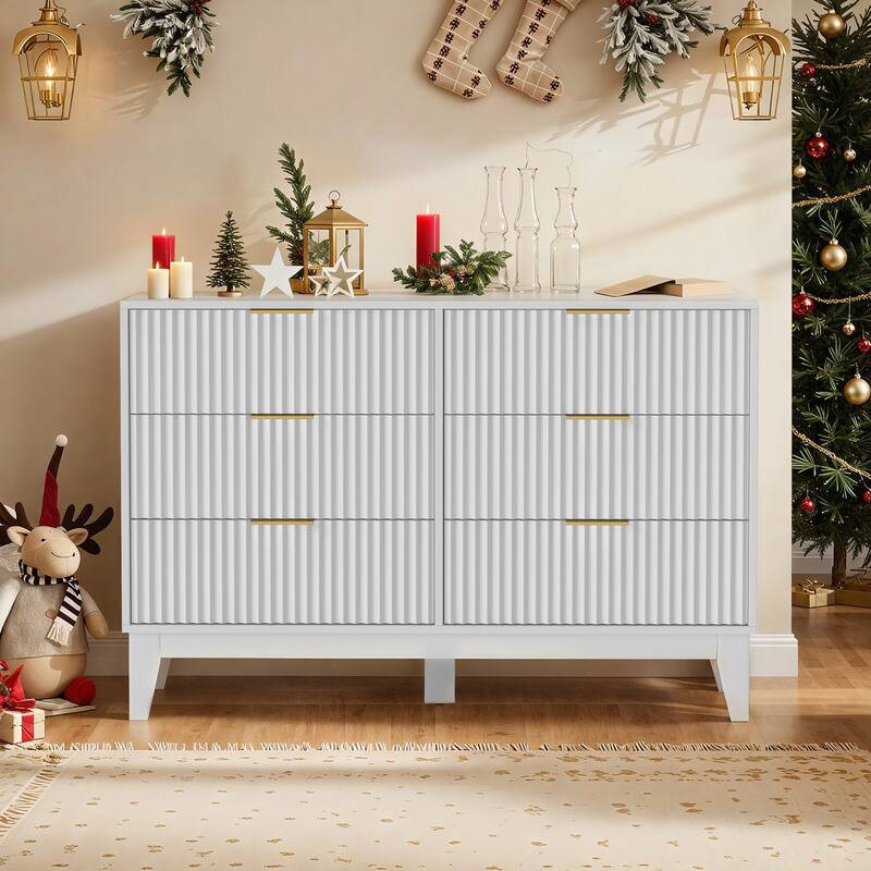 EROMMY Fluted Dresser 6 Drawer Mid Century Modern Dresser Wide Chest of Drawers with Metal Handles for Bedroom Living Room