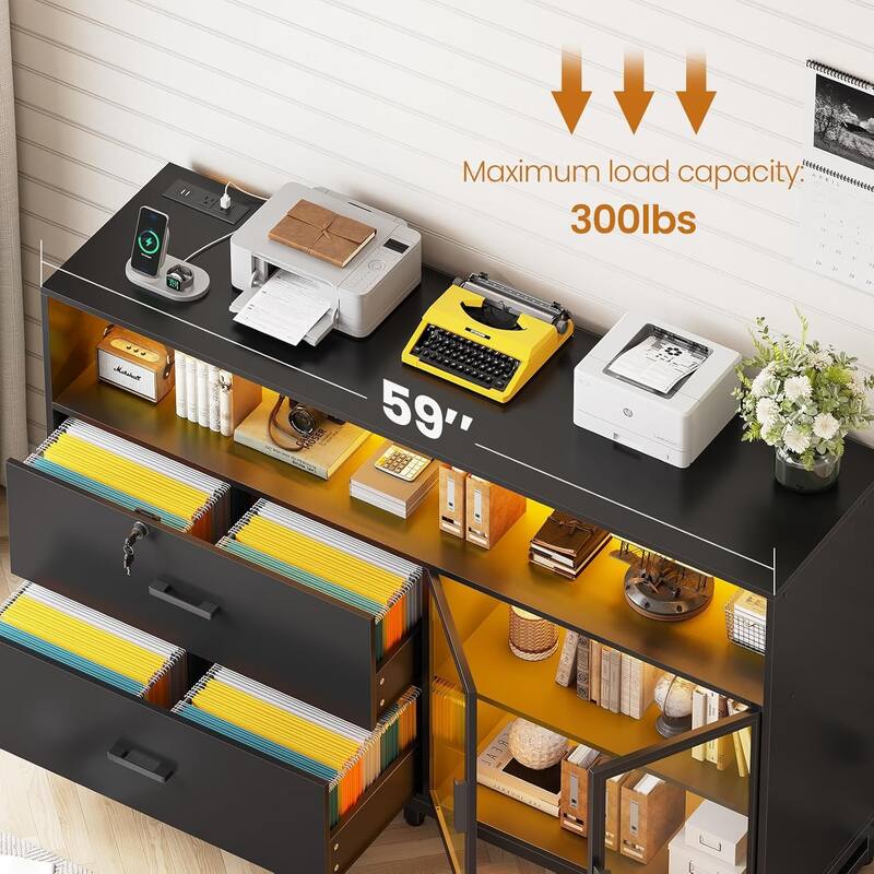 59" LED File Cabinet 2 Drawers Filing Cabinets Legal/Letter/A4 File