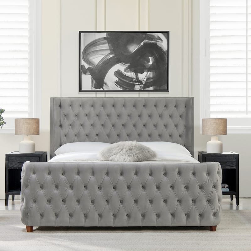 Chateau Velvet Upholstered Tufted Sheltered Panel Bed Set - Opal Grey Velvet - King