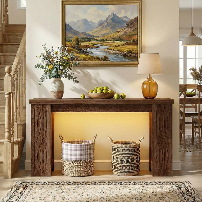 47" Farmhouse Console Table with RGB LED Light ＆ Power Outlets, Unique Carved Design Farmhouse Entryway Table Sofa Table