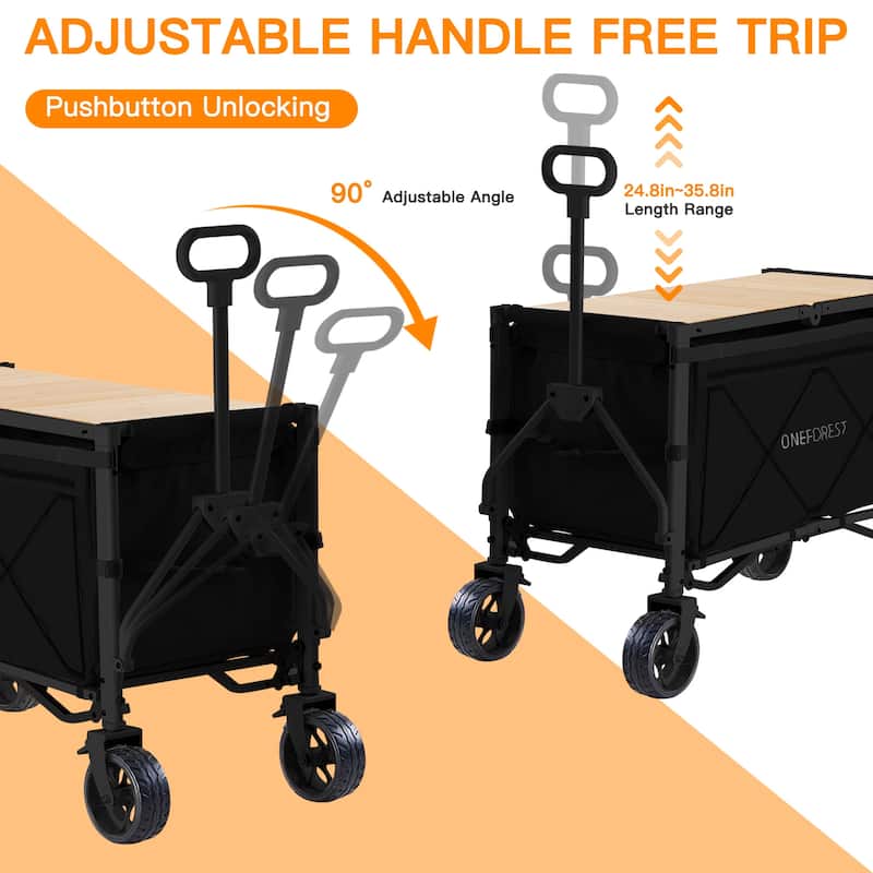 Foldable Camping Cart with Adjustable Handle, Bamboo Tabletop, Foldable storage, and Waterproof Oxford Canopy