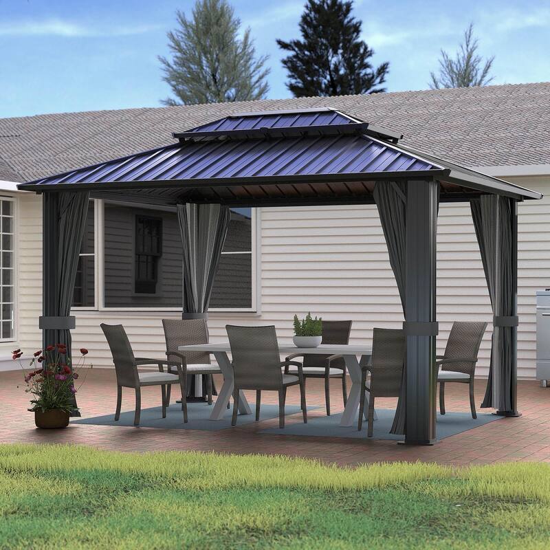 VEIKOUS Aluminum Double Hardtop Gazebo Pergola for Patio, Lawn, and Garden with Removable Netting - 10×12