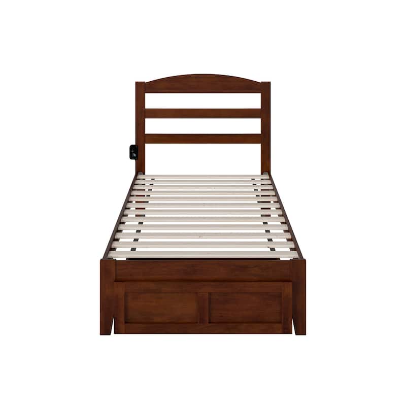 Twin Bed with Drawer - Solid Wood Platform Bed Frame, Walnut Finish, Casters Included, 76"L x 38"W