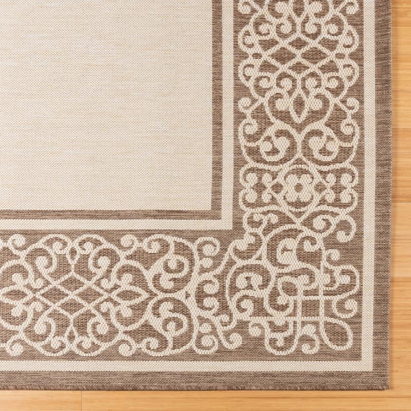 Gertmenian Paseo Tedo Sand/Havana Transitional Scroll Boarder Indoor/ Outdoor Area Rug