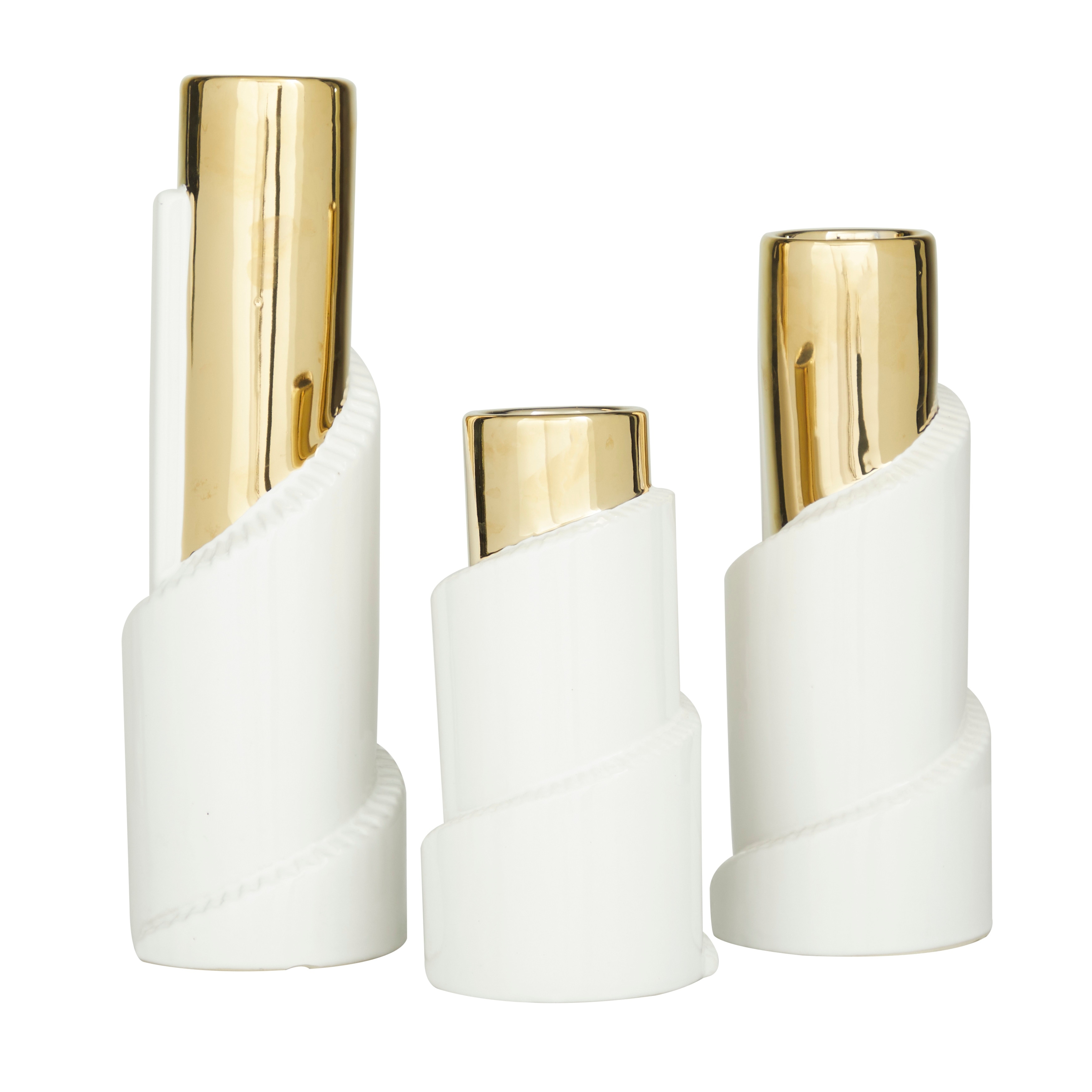 Ceramic Spiral Vase with Gold Accents - Set of 3 Gold - Roche River Decor - 5"W x 5"L x 15"H