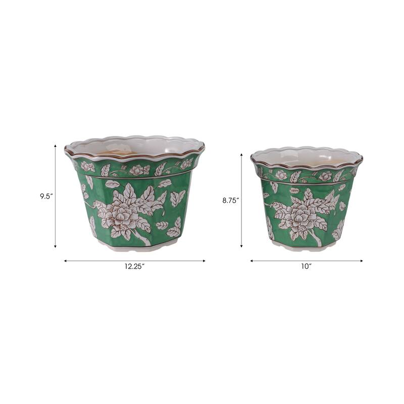 Ceramic Planters Embossed Bird Floral Detailing Scalloped (Set of 2) - 12.25" x 12.25" x 9.5"