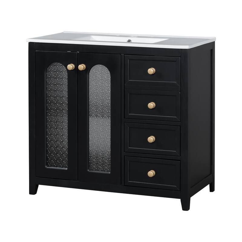 Bathroom Vanity with Ceramic Sink, Bathroom Cabinet with 2 Glass Door and 3 Drawers, Vanity Set with Adjustable Shelf