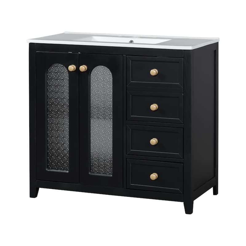 GDFStudio - Terra Wood & Ceramic 36" Bathroom Vanity with Sink, 2 Soft-Close Doors, Shelves & 3 Drawers