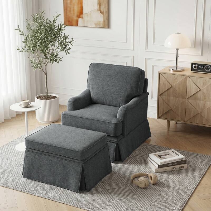 Modern Chenille Swivel Armchair and Storage Ottoman