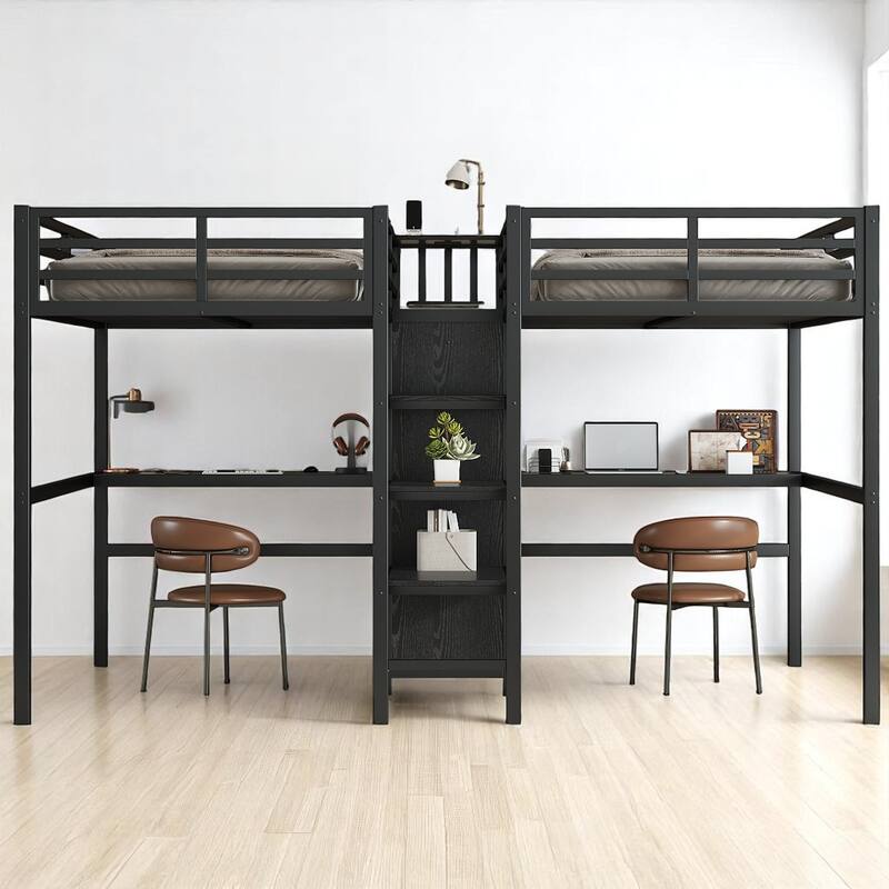 Twin Over Twin Metal Loft Bed with Dual Desks, Wardrobe, Charging Ports & Storage Shelves, Space-Saving Design for Kids & Teens - Black