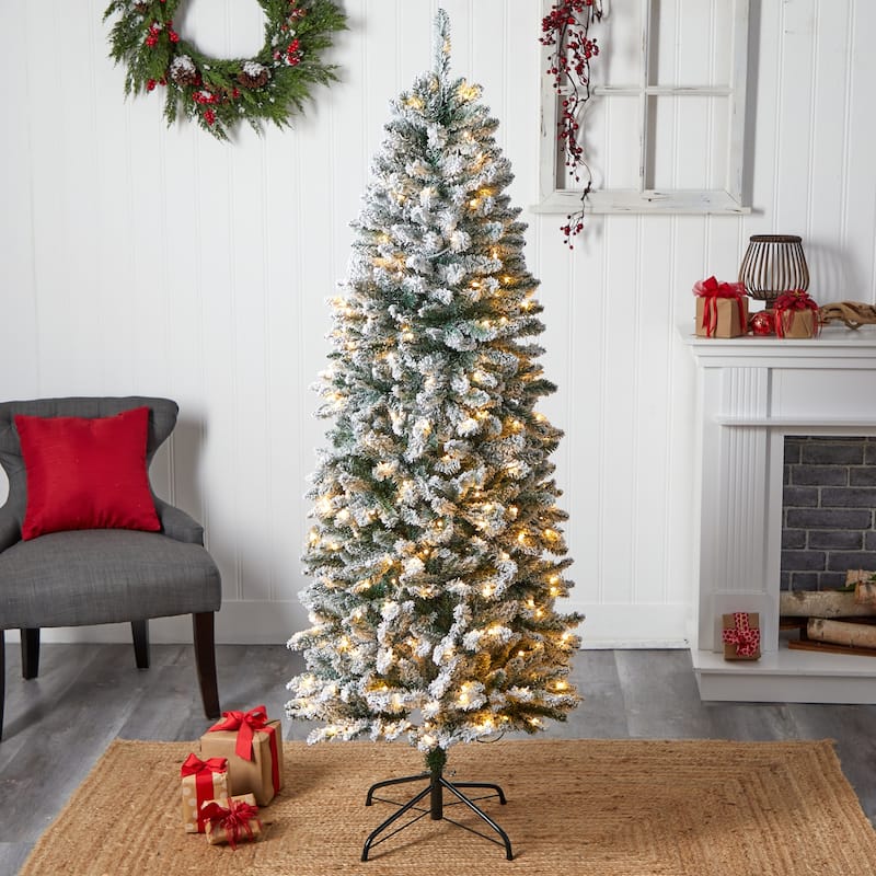 6ft Slim Artificial Christmas Tree with Lights - Winter Fir Tree, Prelit Holiday Decor, Realistic Flocked Tree - Green - 72