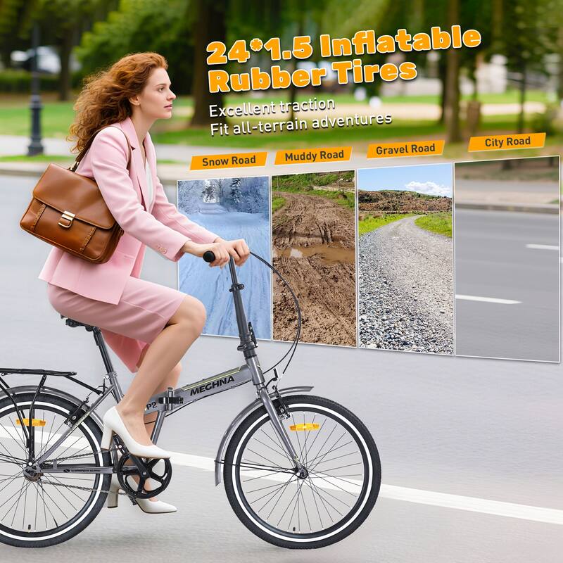 Folding City Commuter Bike - Steel Frame, Single Speed, Fenders, Dual V-Brake, Portable - 24