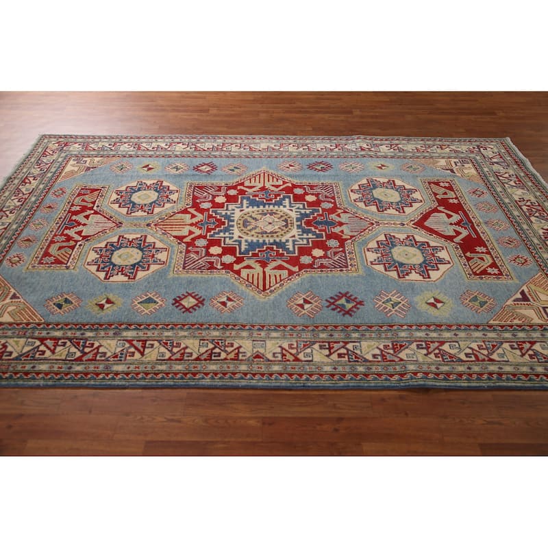 Blue Geometric Kazak Area Rug Handmade Oriental Wool Carpet - 6'0" x 9'8"