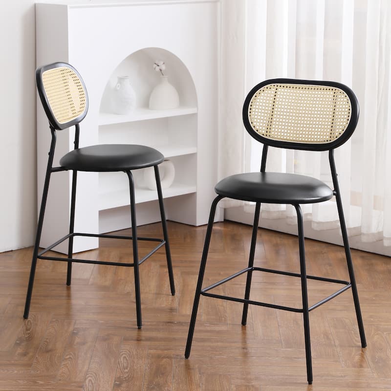 24 in. Rattan Counter Height Bar Stools with Faux Leather Seat (set of 2)
