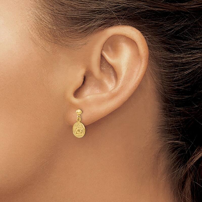 Curata 14k Yellow Gold Textured Angel Medal Dangle Post Earrings - 15x10mm