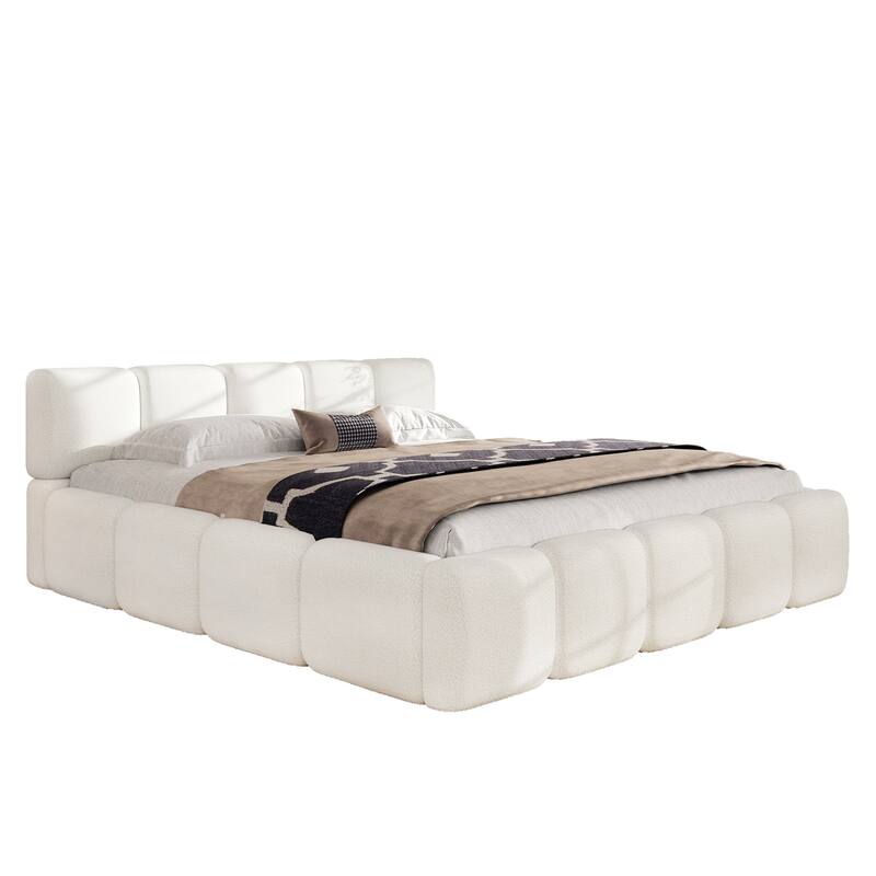 Upholstered King Size Platform Bed with Boucle Headboard, White - Modern & Elegant Design