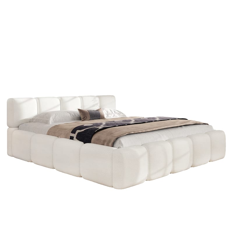 White Block Upholstered Frame Grounded Bed with Boucle Thick Headboard Footboard Platform Bed, Lowprofile Wingback Bed Floor Bed