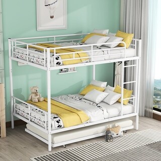 Industrial Modern Full over Full Metal Bunk Bed with Trundle, White