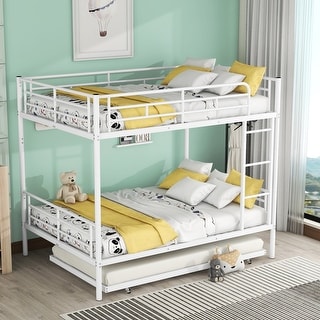 Metal Bunk Bed with Trundle and Guardrail, Convertible to Two Beds