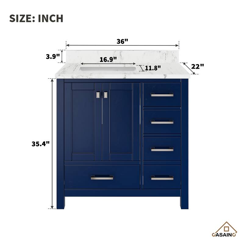 36 in. W x 22 in. D x 35.4 in. H Bath Vanity in Navy Blue with White Top and Basin
