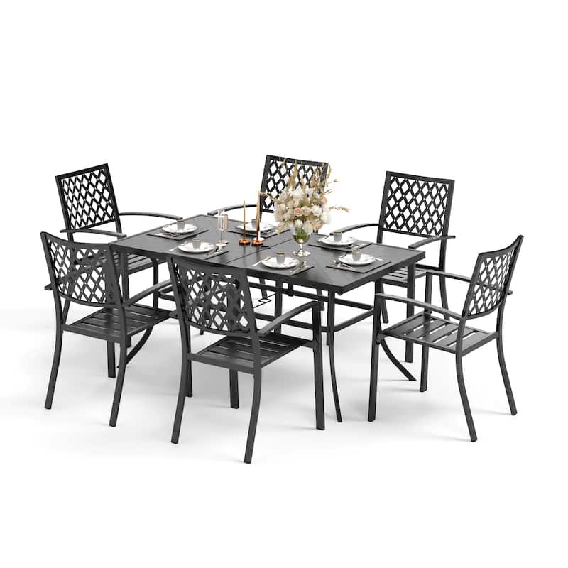 MAISON ARTS Black Metal Rectangle 7-piece Patio Dining Set with Umbrella Hole