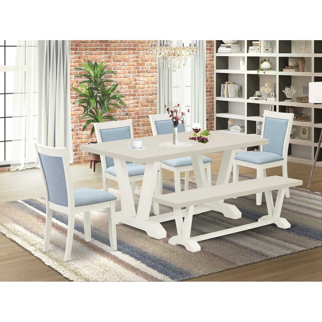 HomeStock 6-Piece Rectangle Wire Brushed Linen White Finish Solid Wood Top Dining Table with 1-Bench, 4-Chairs