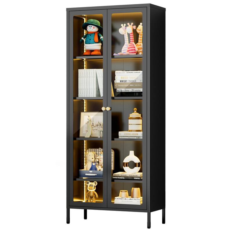 4/5-Tier Glass Curio Display Cabinet with Doors & Adjustable Storage Shelves